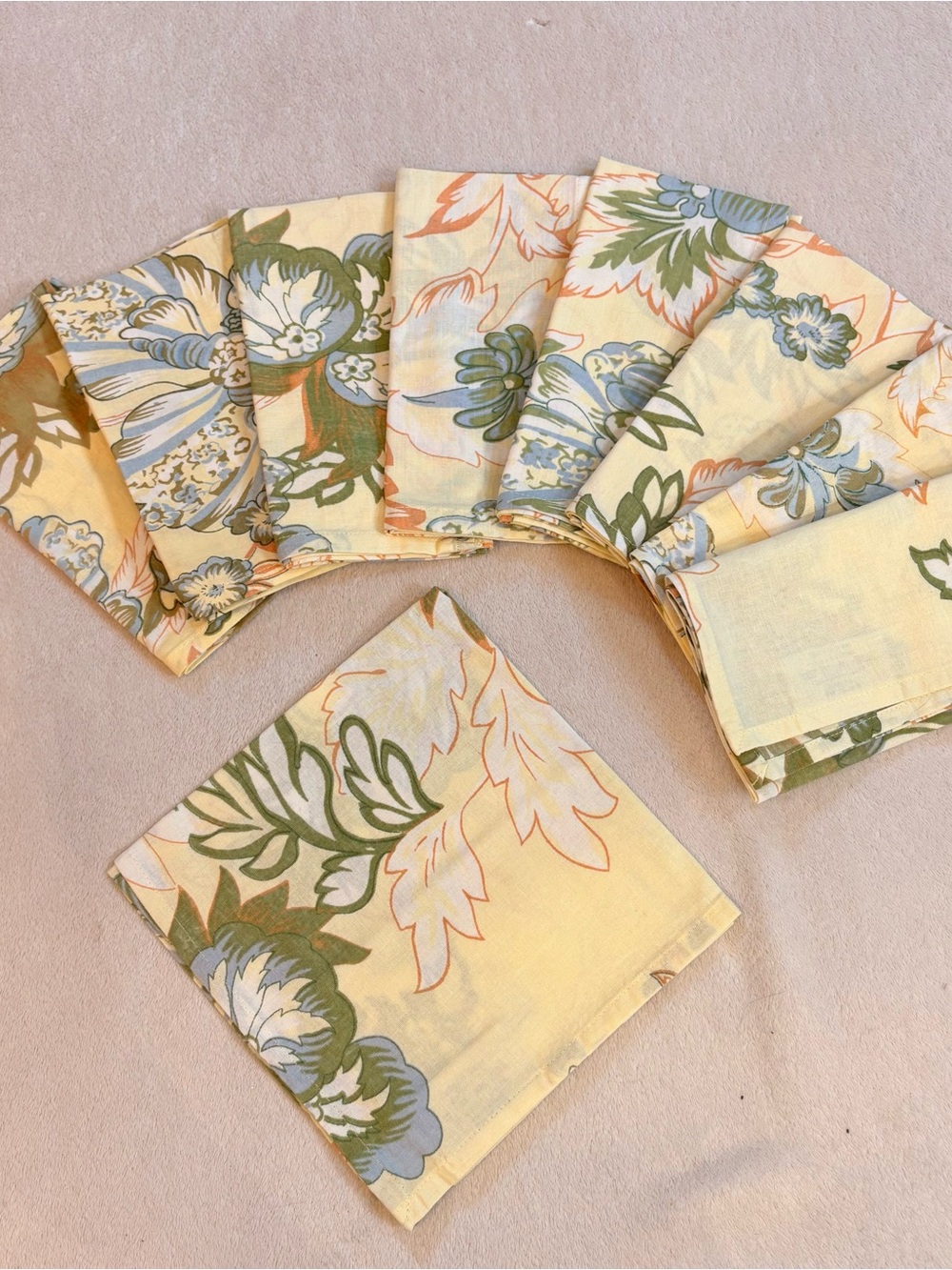 April Cornell Yellow Blue Green Floral Cotton Napkins — Set Of 8